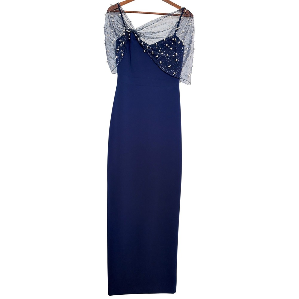 Theia Louella Pearl Shawl Gown Navy Embellished Evening Dress NWT Size 4 - Picture 2 of 8